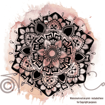 Spring mandala design with pink water colour background designed by Aimee Fergusson